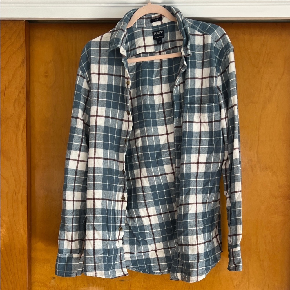J. Crew Men’s Navy and Cream Plaid Flannel Button Down